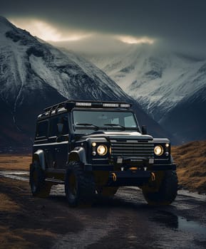 Dark green off-road car in the mountains. High quality photo