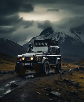 Off-road car on a broken road in the mountains. SUV. High quality photo
