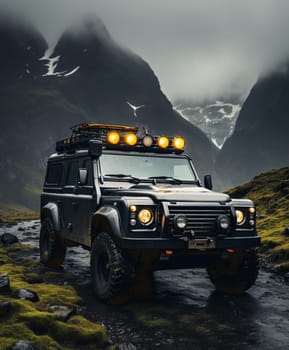 Dark green off-road car in the mountains. High quality photo