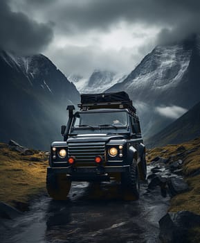 Dark green off-road car in the mountains. High quality photo