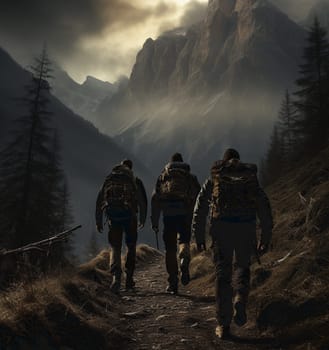 Hikers on a summit in a wintry mountain landscape. High quality photo