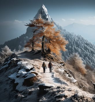Young asian couple hikers climbing up on the peak of himalaya mountains. People helping each other hike up a mountain at sunrise. Giving a helping hand. Climbing ,Helps and team work concept. High quality photo