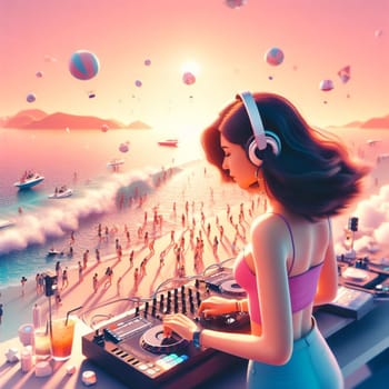 woman dj , wearing glasses earphone hosting dj set at crowded beach party in tropical island sunset ai generative art