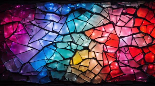 Colourful glass surface and glass fragments close-up in electric neon colours. Abstract background and texture