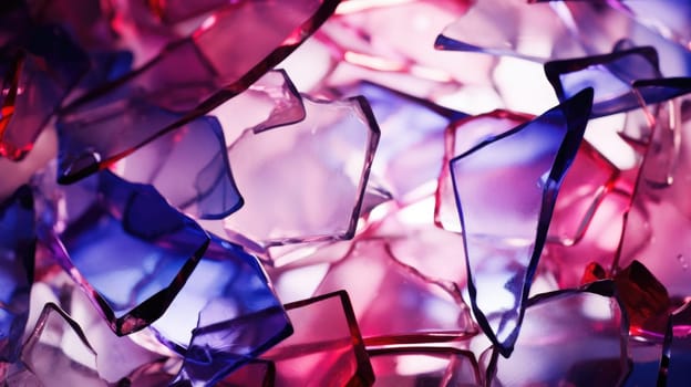 Colourful glass surface and glass fragments close-up in electric neon colours. Abstract background and texture