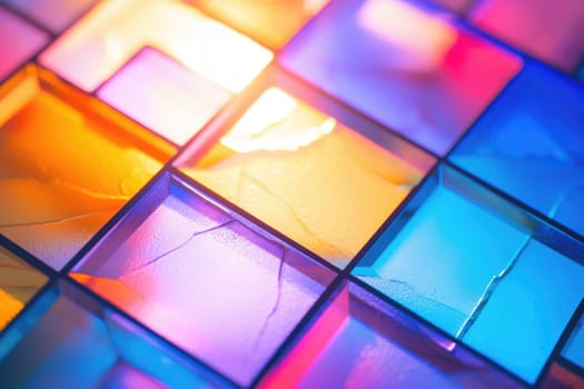 Colourful glass surface and glass fragments close-up in electric neon colours. Abstract background and texture