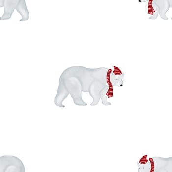 Watercolor seamless pattern with a white polar bear in a Santa hat. Cute design for printing on children's textiles and pajamas. High quality illustration White bears