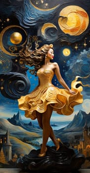 Dreamlike scene blending the swirling impressionist sky, europa village on the background, a carved fantastical female voluptous creature in elegant gala party dress, curly hairstyle, ai art generated