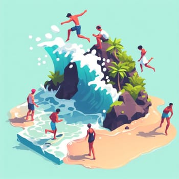 people having fun in the beach, isometric view, sea waves, 3d illustration generative ai art