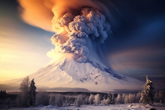 Powerful volcanic eruption in snowy mountains.