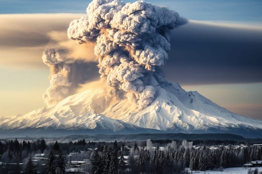 Volcanic eruption in snowy mountains.