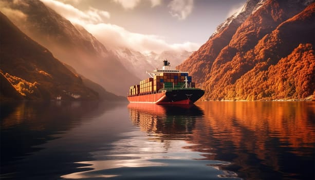 Illustration with a dry-cargo ship at sea, ocean. Commerce shipping, delivery of goods. Cartoon bulk-carrier on mountain background. Nautical boat, a marine vessel with metal containers with beautiful landscape sunrise