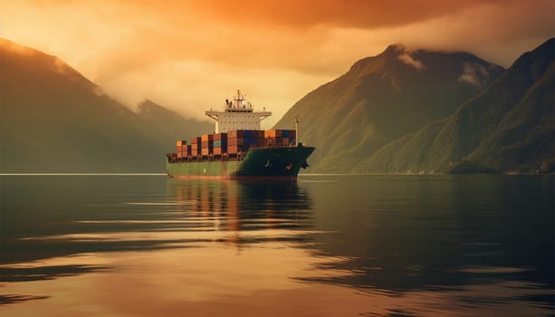 Illustration with a dry-cargo ship at sea, ocean. Commerce shipping, delivery of goods. Cartoon bulk-carrier on mountain background. Nautical boat, a marine vessel with metal containers with beautiful landscape sunrise