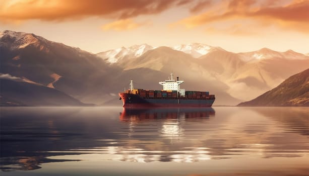 Illustration with a dry-cargo ship at sea, ocean. Commerce shipping, delivery of goods. Cartoon bulk-carrier on mountain background. Nautical boat, a marine vessel with metal containers with beautiful landscape sunrise