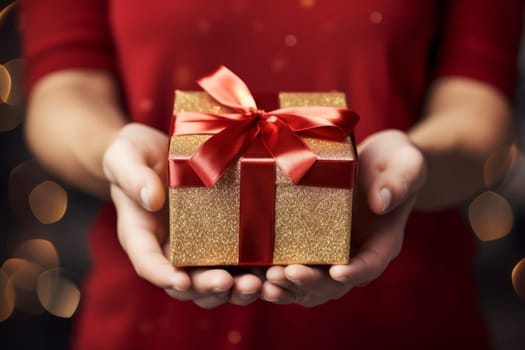 Female hands holding gift box on bokeh blurred background, holidays concept