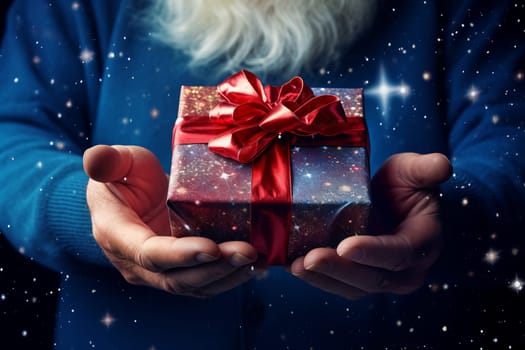 Santa Claus holds a gift box in his hands. Close-up photo. New year or Christmas holidays concept