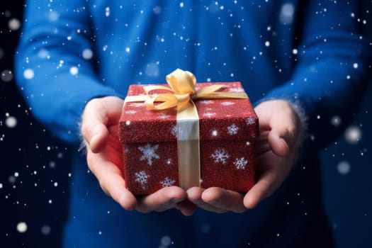 Female hands holding gift box on bokeh blurred background, holidays concept