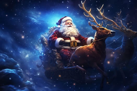 Santa claus on his reindeer sleigh rides across the starry blue sky, New year or Christmas holidays concept