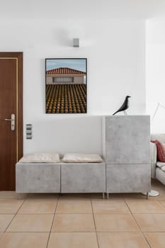 Shoes storage bench with cushions, picture and bird figure in apartment entryway. Furniture and decorative details in design of home hallway