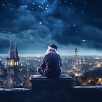 Santa Claus stands on the roof of an house on night city scene background