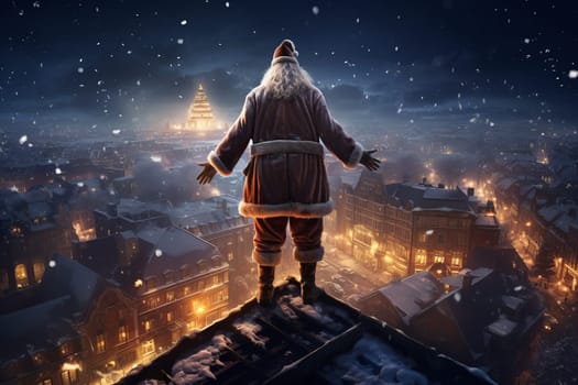 Santa Claus stands on the roof of an house on night city scene background