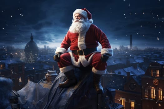 Santa Claus stands on the roof of an house on night city scene background