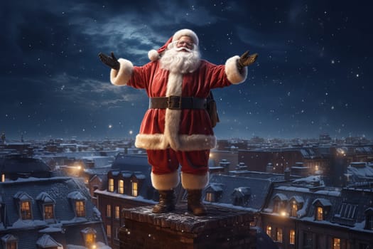 Santa Claus stands on the roof of an house on night city scene background