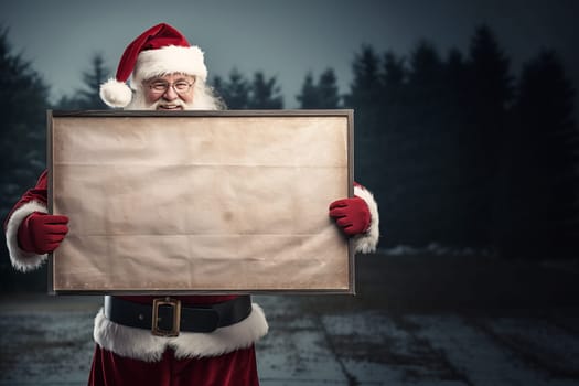 Santa Claus showing an empty vintage billboard in his hands, outdoor