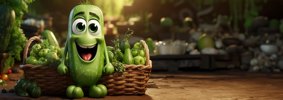 Cute animation cucumber in basket. Vegetable & fruit design character. Funny 3D design copy space. Concept for healthy food Space for text