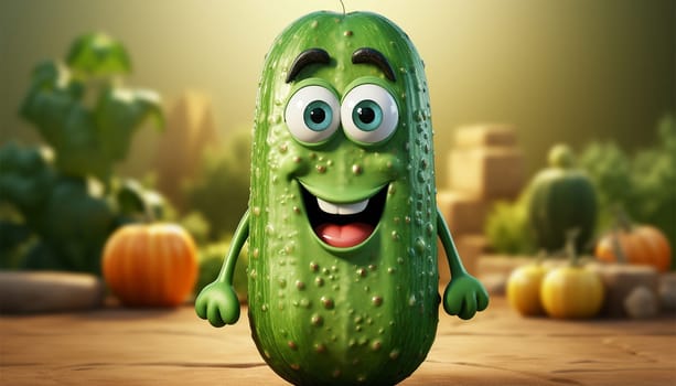 Cute animation cucumber in basket. Vegetable & fruit design character. Funny 3D design copy space. Concept for healthy food Space for text