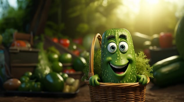 Cute animation cucumber in basket. Vegetable & fruit design character. Funny 3D design copy space. Concept for healthy food Space for text