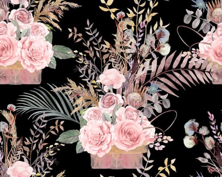 Seamless botanical pattern with watercolor flowers of roses and palm leaves