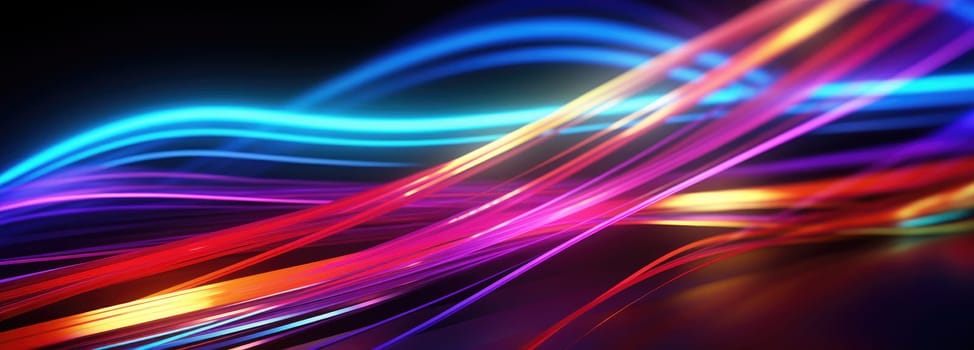 Abstract background of glowing lines in bright neon colours on a dark background