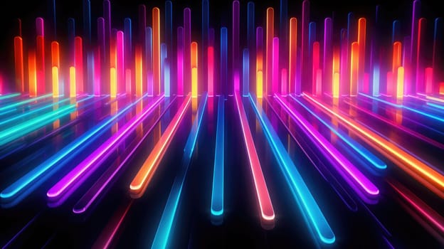 Abstract background of glowing lines in bright neon colours on a dark background