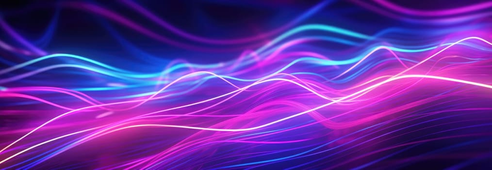 Abstract background of glowing lines in bright neon colours on a dark background