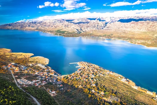 Town of Vinjerac in Velebit bay aerial view, Dalmatia archipelago of Croatia