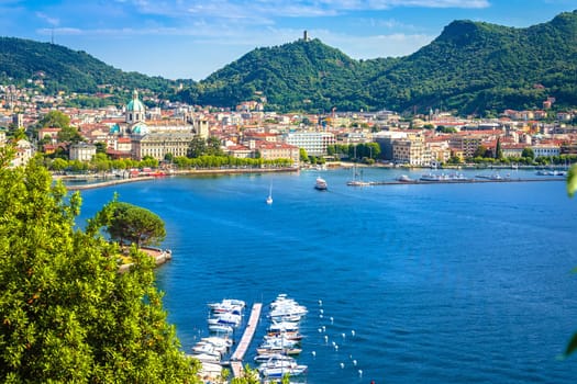 Town of Como waterfront and architecture view, Como Lake in Lombardy region of Italy