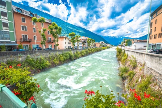 Town of Tirano and Adda river waterfront view, Province of Sondrio, Alps of Italy