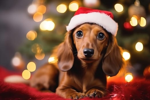 cute dachshund wearing a Santa Claus hat on a festive Christmas background with bokeh garland lights. New Year, Christmas card.
