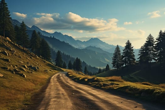 winding mountain road over alpine meadows at the edge of the forest, with a panoramic view, Austria. summer day with blue sky and clouds. High quality photo