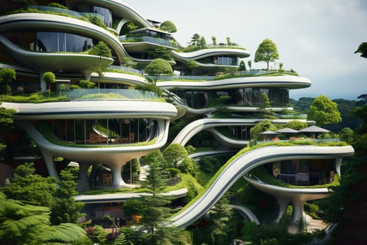 3D rendering of a futuristic modern construction with vegetation growing on it. High quality photo