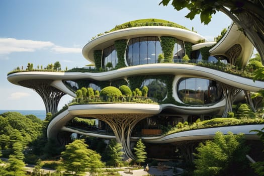 3D rendering of a futuristic modern construction with vegetation growing on it. High quality photo