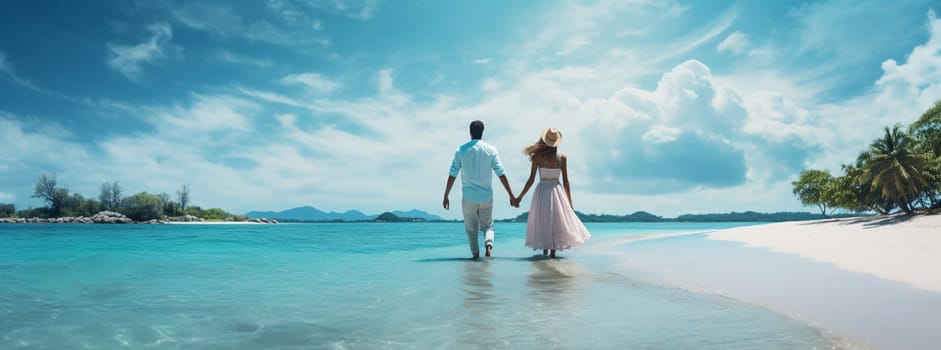 Close up couple holding hands walking on beach. Romantic beach vacation. High quality photo