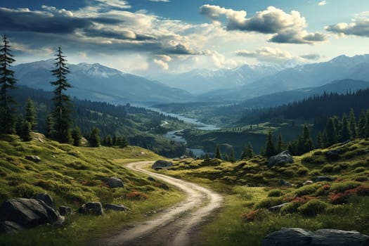 winding mountain road over alpine meadows at the edge of the forest, with a panoramic view, Austria. summer day with blue sky and clouds. High quality photo