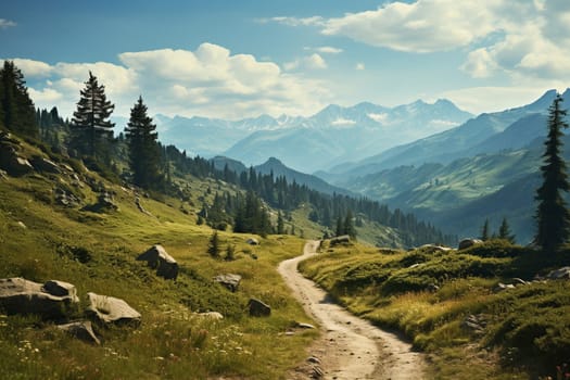 winding mountain road over alpine meadows at the edge of the forest, with a panoramic view, Austria. summer day with blue sky and clouds. High quality photo