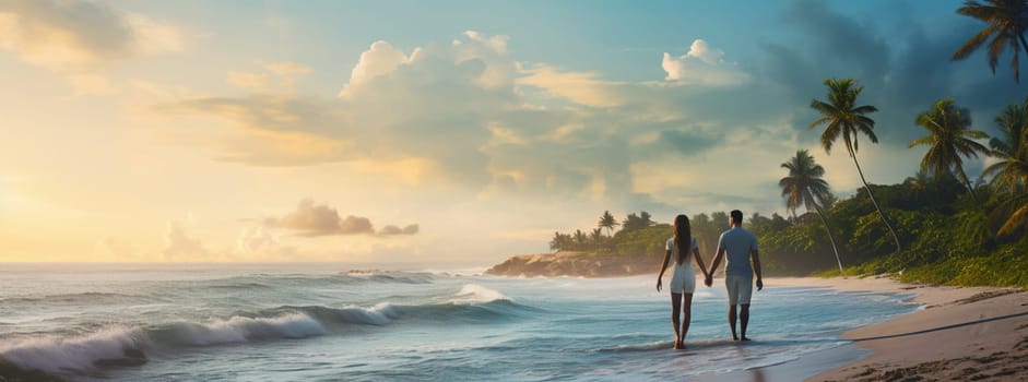 Close up couple holding hands walking on beach. Romantic beach vacation. High quality photo