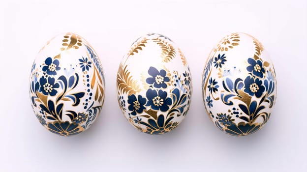 three painted Easter eggs with a blue and gold pattern are made in fashionable classic blue and gold tones, decorated with an Easter pattern on a white background. Easter Greeting Card