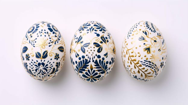 three Easter eggs with a blue and gold pattern are made in fashionable classic blue and gold tones, decorated with an Easter pattern on a white background. Easter Greeting Card