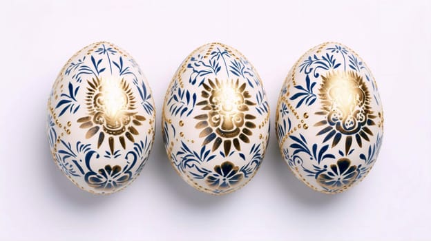 three Easter eggs with a blue and gold pattern are made in fashionable classic blue and gold tones, decorated with an Easter pattern on a white background. Easter Greeting Card