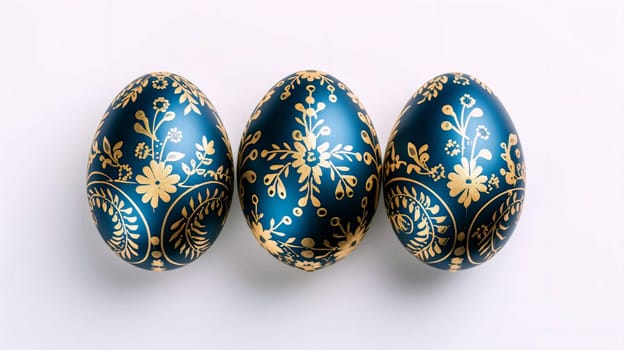 three dark blue Easter eggs with a blue and gold pattern are made in fashionable classic blue and gold tones, decorated with an Easter pattern on a white background. Easter Greeting Card